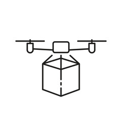 A linear icon of a drone delivering a box.