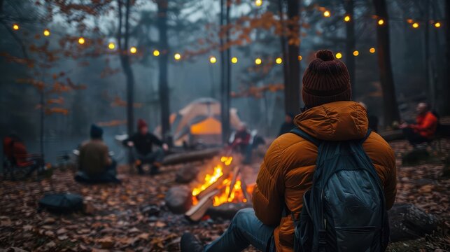 Friends having a campfire storytelling session, sharing spooky tales and creating lasting memories ,free space, with copy space for text