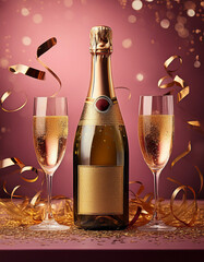 Champagne bottle and glasses with colorful background with confetti, celebration background with copy space, concept of celebration