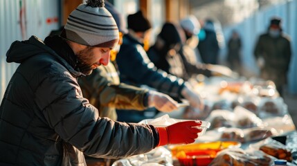 Multiracial Volunteer Work During Winter at Outdoor Soup Kitchen for Homeless and Needy. Generative ai