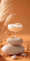 Obraz premium Minimalist photograph of an elegant cocktail on stones with pampas grass in a warm, serene setting