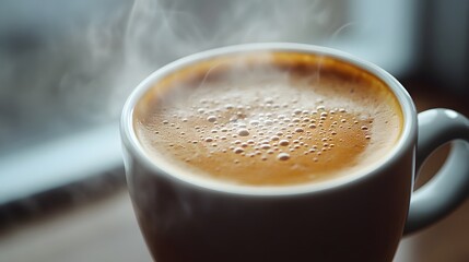 Close-up of a steaming cup of coffee, rich brown tones, minimalist white background, soft natural lighting, high contrast, detailed foam texture, warm and inviting.