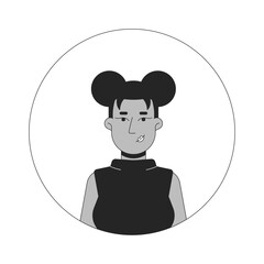 Black woman afro hair two buns black and white 2D vector avatar illustration. African american female cute hairstyle outline cartoon character face isolated. Casual flat user profile image portrait