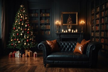 Naklejka premium Christmas home decoration in classic dark style with library, leather sofa, decorated Christmas tree