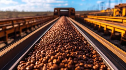 Fototapeta premium Iron ore pellets on a conveyor belt with space on the top for copy