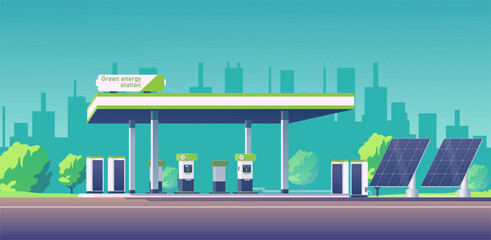 Illustration of a green energy station with charging points and solar panels. Cityscape background with buildings and trees. Concept of sustainable energy. Vector illustration