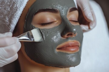 Women enjoying anti-aging skincare treatment under the guidance of a beautician applying grey face mask on a young female face