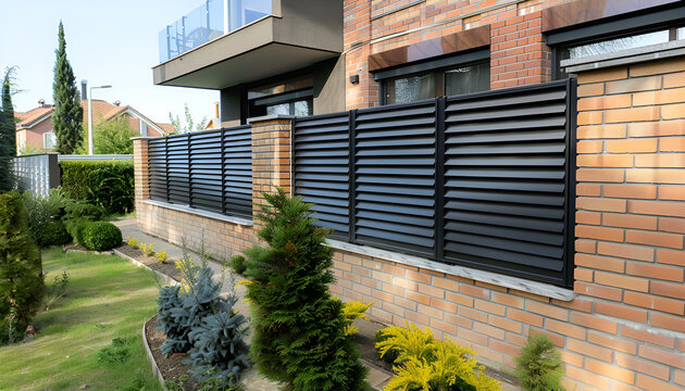 Fototapeta Modern wooden and brick fence with shutters blinds