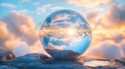 Crystal ball on pedestal, inverted landscape reflection, blue sky with fluffy white clouds, sunlight streaming through, clear glass sphere, ethereal atmosphere.