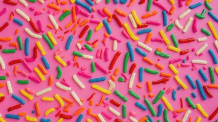 Close-up of colorful candy sprinkles scattered on a bright pink background, vibrant and festive sweet decoration