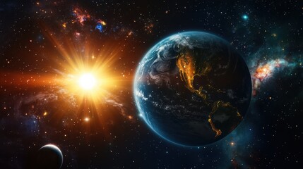 A breathtaking view of Earth illuminated by the Sun, set against a vibrant cosmic background.