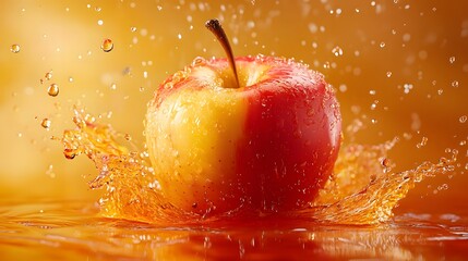 Exploding apple, high-speed photography, liquid splash, fruit fragments, dynamic motion, vibrant red and yellow colors, water droplets, macro detail, juice particles.