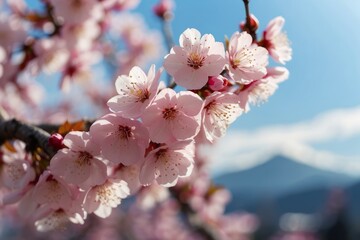 Close-up of Delicate Pink Cherry Blossoms Against a Blue Sky