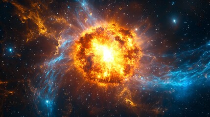 Exploding supernova in deep space, swirling cosmic dust, vibrant nebula colors, distant stars, galactic scale, astrophysics visualization, awe-inspiring celestial event.