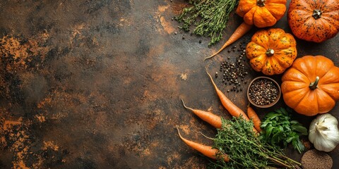 Rustic autumn cooking ingredients, a top-down view of seasonal vegetables and herbs on a textured background