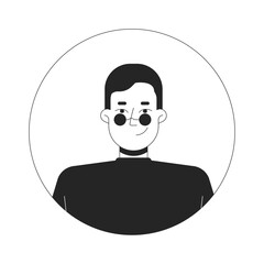Caucasian man in round glasses and turtleneck black and white 2D vector avatar illustration. European male retro outline cartoon character face isolated. 80s casual flat user profile image portrait