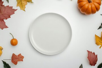 Thanksgiving card mockup with plate, pumpkins on white background, top view