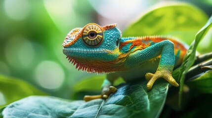 Obraz premium Colorful chameleon resting on vibrant green leaves in the forest