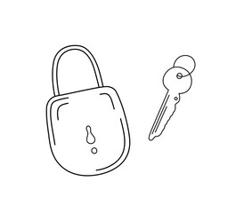 House lock and key simple outline hand drawn doodle illustration, symbol and concept of cozy home, safety, isolated design clipart, line art element