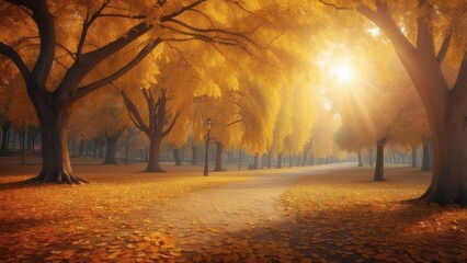 Golden Autumn Pathway Through Sun-Drenched Foggy Forest