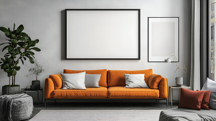modern living room with sofa and white frame illustration.