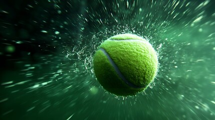 High-speed shot of tennis ball hitting racket, dynamic motion, vibrant green court, sharp details, dramatic lighting, freeze frame, 8K resolution, sports action photography.