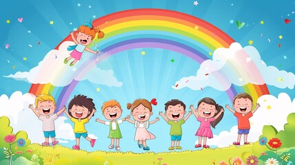 Obraz premium Happy Children Playing Under a Rainbow