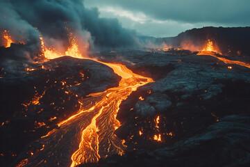 volcanic eruption, lava flowing