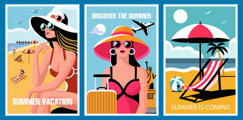 Three vibrant posters showcasing women in hats enjoying summer activities at the beach, under a clear sky. Each poster promotes summer vacation, travel, and leisure. Vector illustration