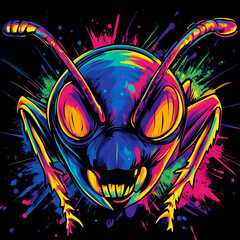 Aggressive Neon Ant with Explosive Colors and Fierce Expression on a Dark Background, Showcasing Dynamic and Bold Digital Art