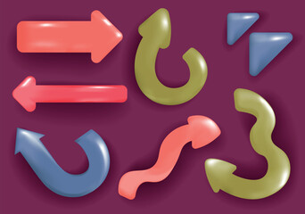 Set of glossy arrows in 3d cartoon design. This illustration depicts a collection of realistic arrows of various shapes and sizes placed on a burgundy background. Vector illustration.