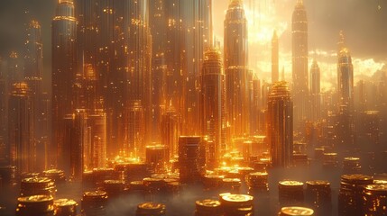 Naklejka premium surreal cityscape with towering skyscrapers made of oversized coins and banknotes golden light bathes the scene symbolizing wealth and prosperity