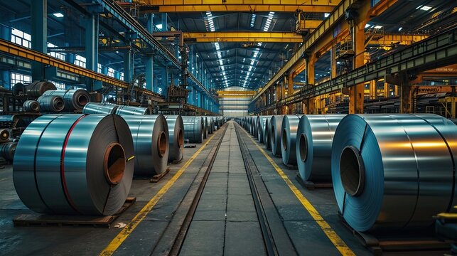 Packed rolls of steel sheets, cold rolled steel coils in factory warehouse.