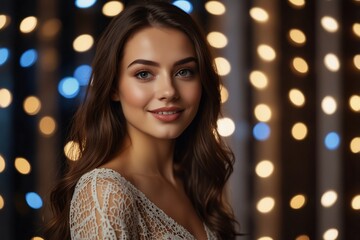 Fototapeta premium Brunette model girl posing in an interior with festive Christmas lights on the background. Young beautiful smiling woman with a trendy makeup and smooth skin looking aside