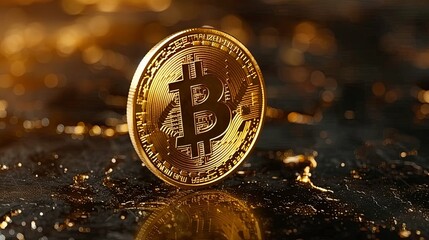 Bitcoin coin on gold background