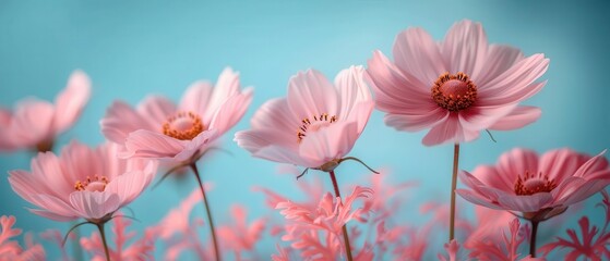 The delicate beauty of cosmos flowers, their daisylike blooms a symbol of order and harmony ,free space, with copy space for text