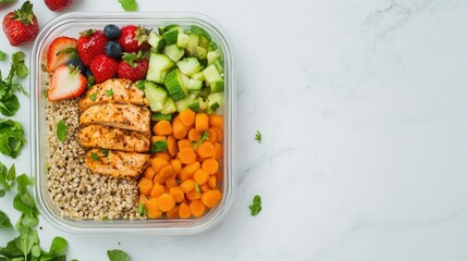Top view of a nutritious lunch featuring a mix of grains vegetables lean proteins and a side of fruit. Copy space available