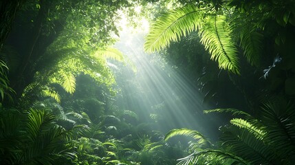 Fototapeta premium Lush rainforest canopy, vibrant green foliage, sunbeams filtering through leaves, high contrast, photorealistic, immersive nature scene, dense vegetation.