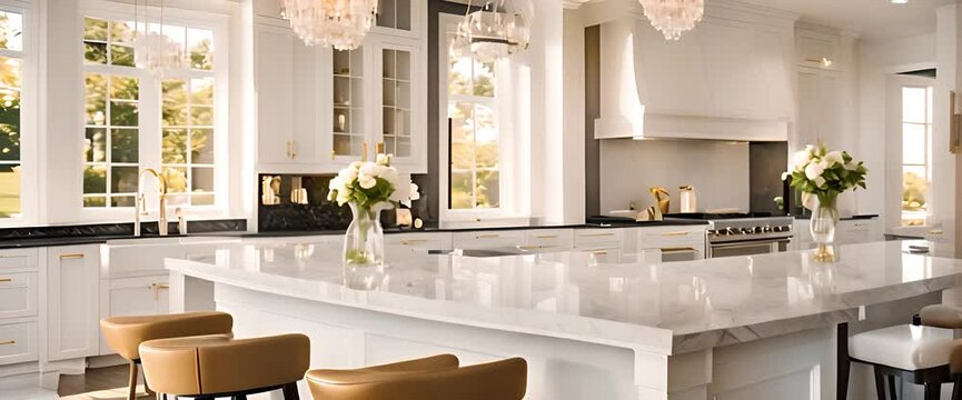 A bright, modern white kitchen in an estate home, with sleek marble countertops, shiny stainless steel appliances, and large windows letting in golden sunlight