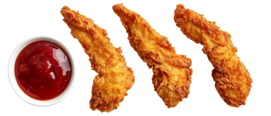 Set of isolated chicken tenders with dipping sauce on a white background on transparent background. cut flower elements, garden themed designs. Top view high quality PNG." design elements, top view.