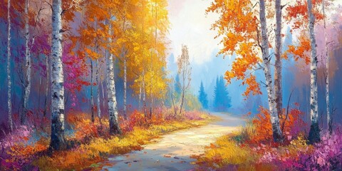 Obraz premium Autumn Palette: Abstract Floral Landscape in Palette Knife Style. Vibrant Oil Painting Capturing Fall's Essence with Textured Blooms and Foliage. Elegant Decorative Art for Seasonal Decor, Gifts, and 