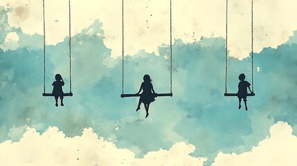 Minimalist Ink Art Depicting a Swingset and Swinging Figures with Clean Lines on Pastel Paper, Set Against a Dreamy Cloud Background, Perfect for Soft and Artistic Design Projects