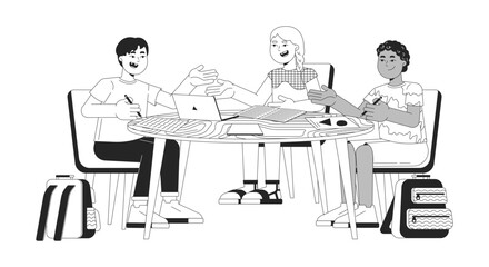 Diverse children discussing project black and white 2D line cartoon characters. Schoolchildren doing homework together isolated vector outline people. School classmates monochromatic spot illustration