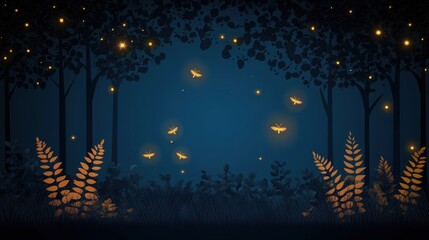 Fototapeta premium A glowing illustration of a whimsical forest scene with fireflies illuminating the trees and leaves.