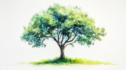 Obraz premium Watercolor Tree with Verdant Foliage on White Canvas, Capturing Nature’s Beauty in a Serene and Artistic Scene