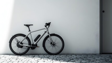 Modern electric bicycle leaning against pure white wall, minimalist urban setting, cobblestone street, sleek design, silver frame, black accents, clean composition, industrial chic.
