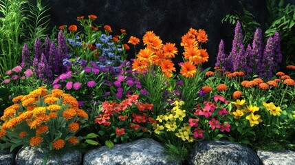 A vibrant display of colorful flowers blooming in a garden, showcasing nature's beauty and captivating hues.