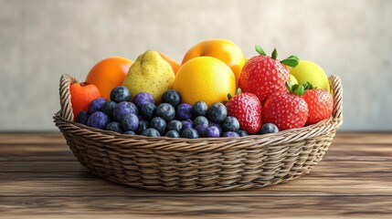 Fresh and vibrant assortment of fruits arranged in a woven basket, perfect for healthy living and culinary inspiration.