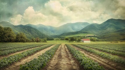 Eco-conscious farm with organic crops in a digital artwork