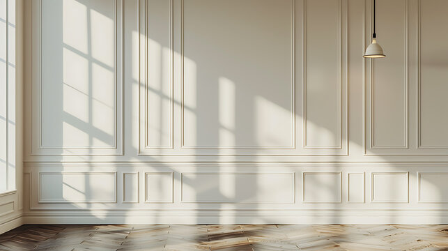 A bright and airy room with a white wall featuring  wainscoting and a hanging pendant light.  Sunlight streams through a window, casting  shadows on the wall and the  hardwood floors.